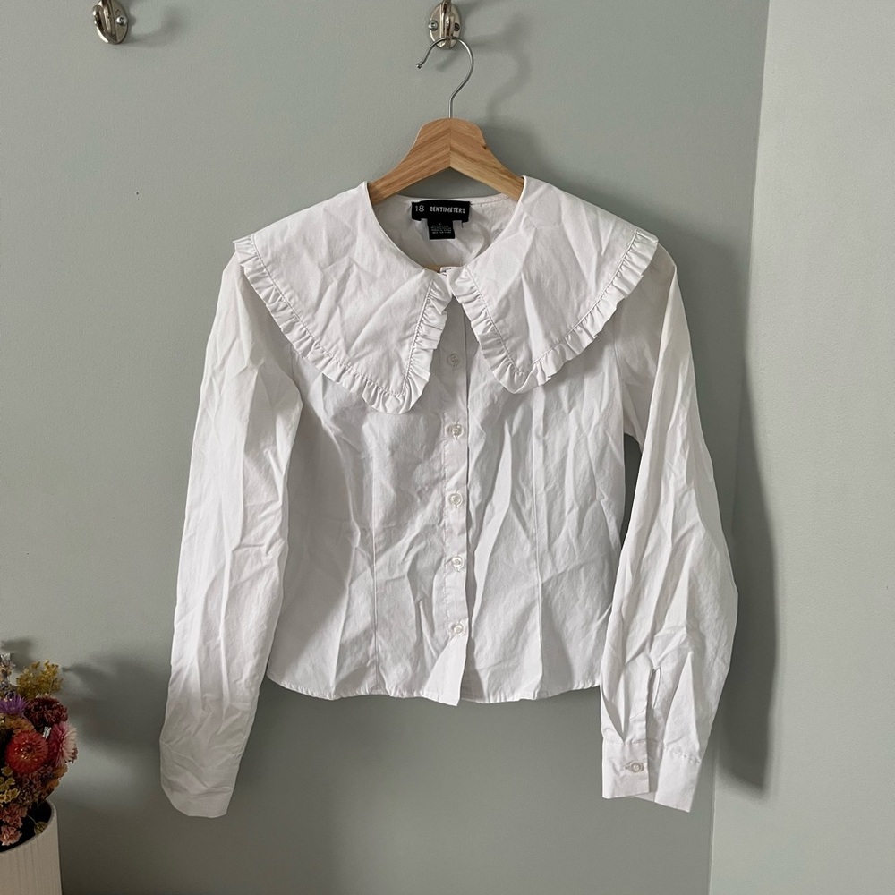 Women's White Button Down Shirt with Ruffle Collar